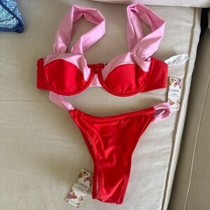 Cupshe Red and Light Pink Colorblock Underwire Bikini Set